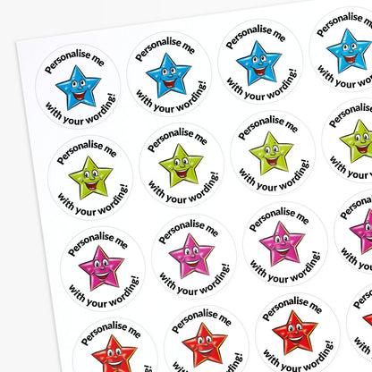 Sheet of star-shaped stickers with colorful faces and text 'Personalise me with your wording!' on a white background.