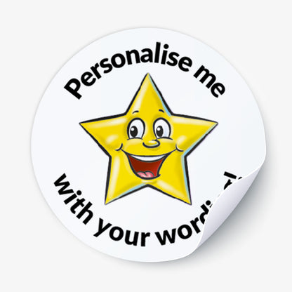 Round sticker with a smiling yellow star and text 'Personalise me with your word' on a white background