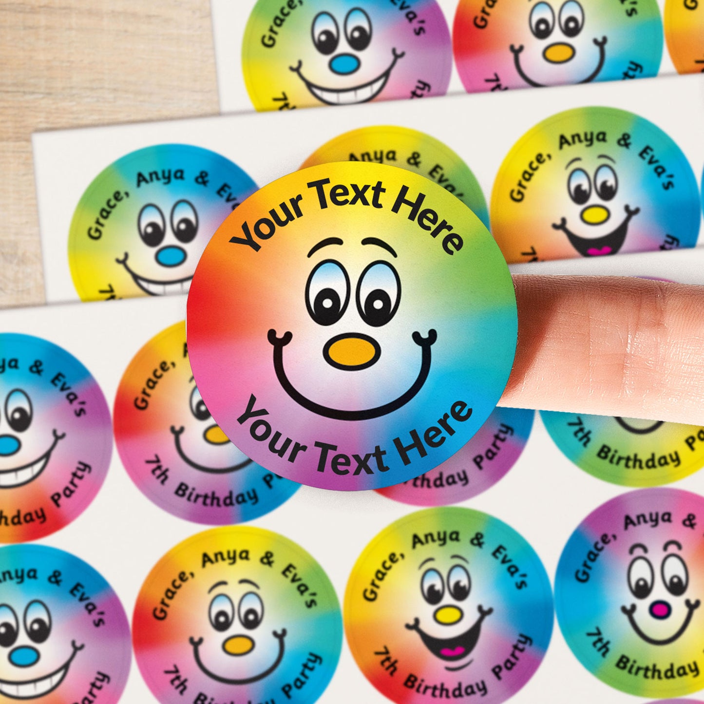 A close up image of a smiling face against a rainbow spectrum background on a sticker.  Text around the face is customisable
