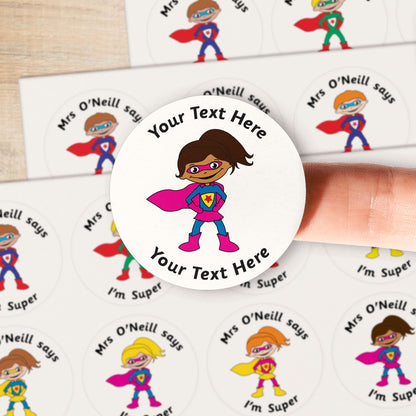 A close up image of a superhero on a sticker.  Text around the character is customisable
