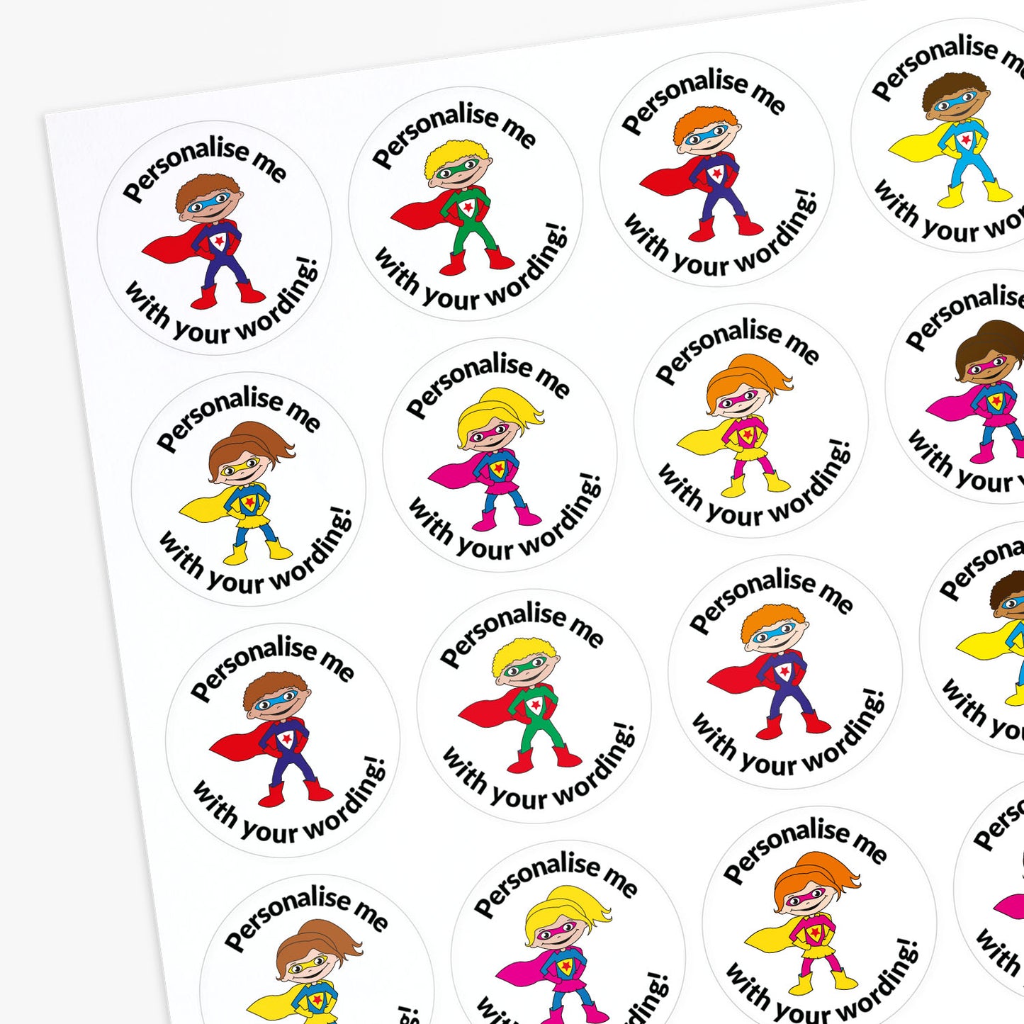 35 Personalised Sherbet Scented Super Hero Stickers - 37mm