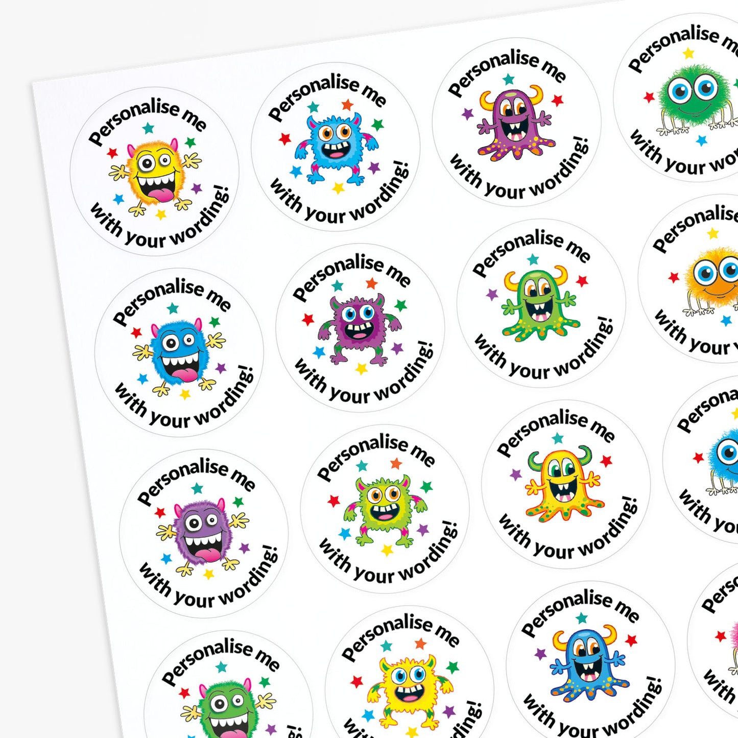 35 Personalised Bubblegum Scented Monster Stickers - 37mm
