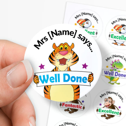 Sticker with a tiger character holding a sign saying 'Well Done' with personalized text.