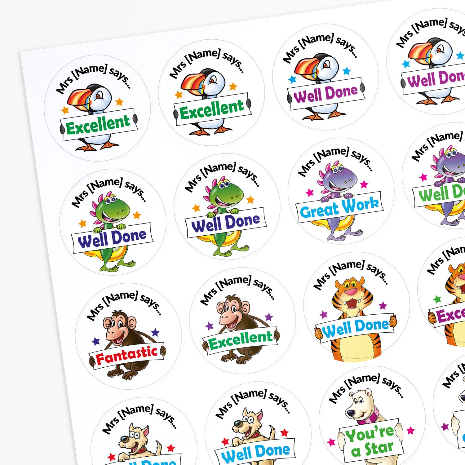 Sheet of colorful stickers with cartoon characters and text on a white background