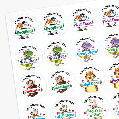 Sheet of colorful stickers with cartoon characters and text on a white background