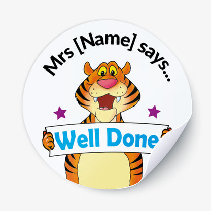 Sticker with a cartoon tiger holding a sign saying 'Well Done' on a white background
