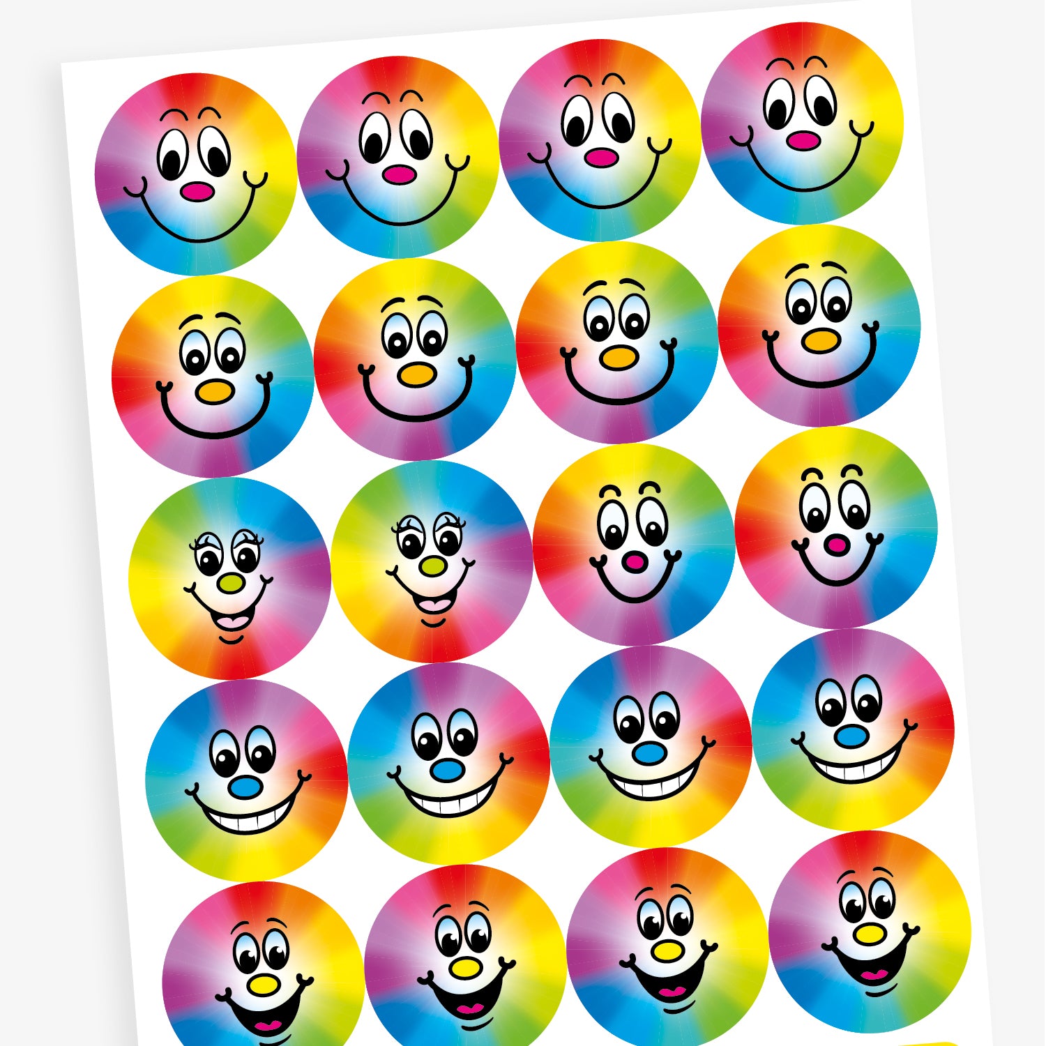 A sheet of 32mm circular stickers with berry scent.  Featuring a smiling face on a rainbow spectrum background. 
