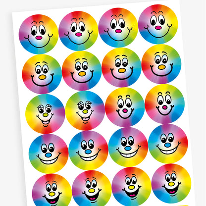 A sheet of 32mm circular stickers with berry scent.  Featuring a smiling face on a rainbow spectrum background. 

