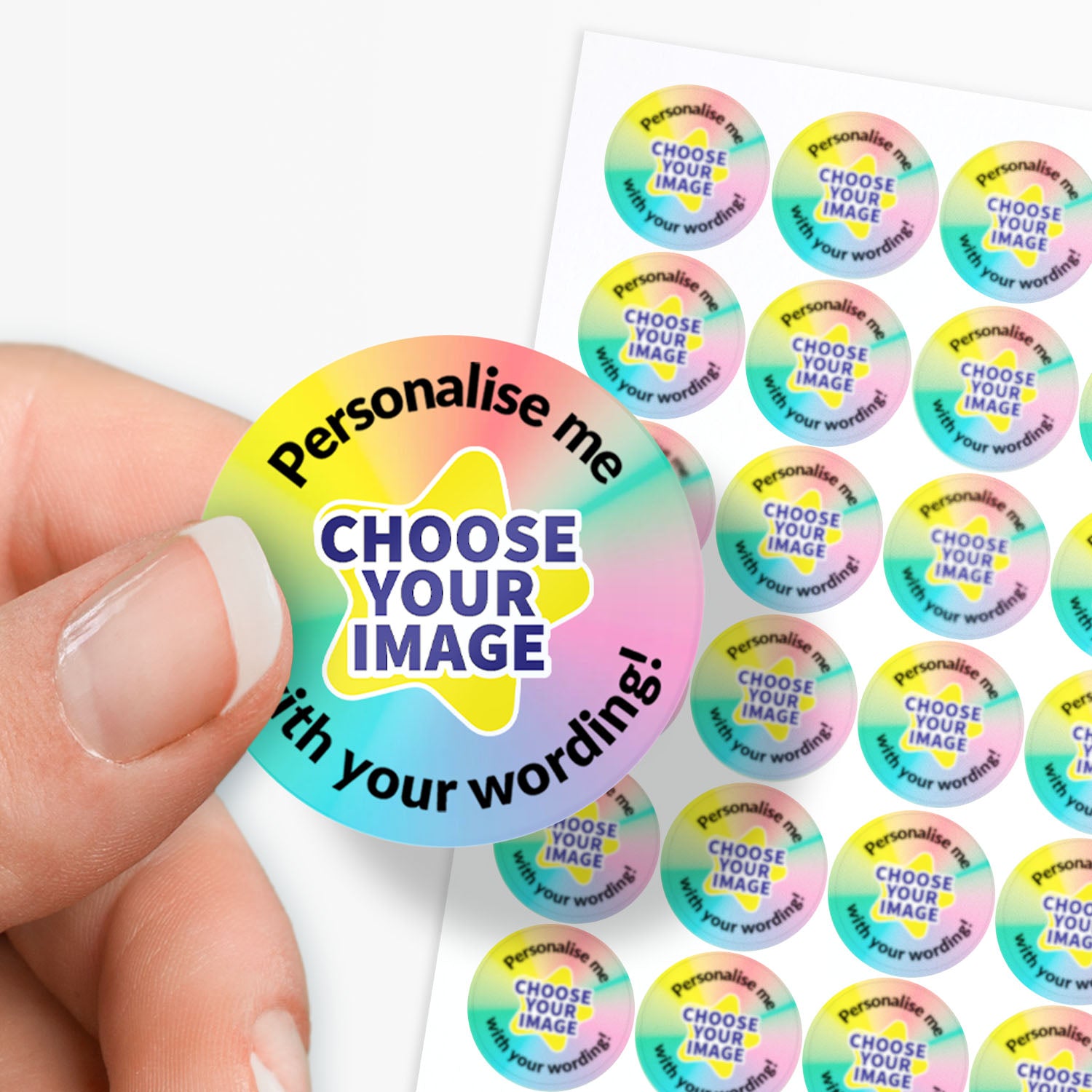 Colorful round stickers with text 'Personalise me, Choose Your Image with your wording!' held by a hand.