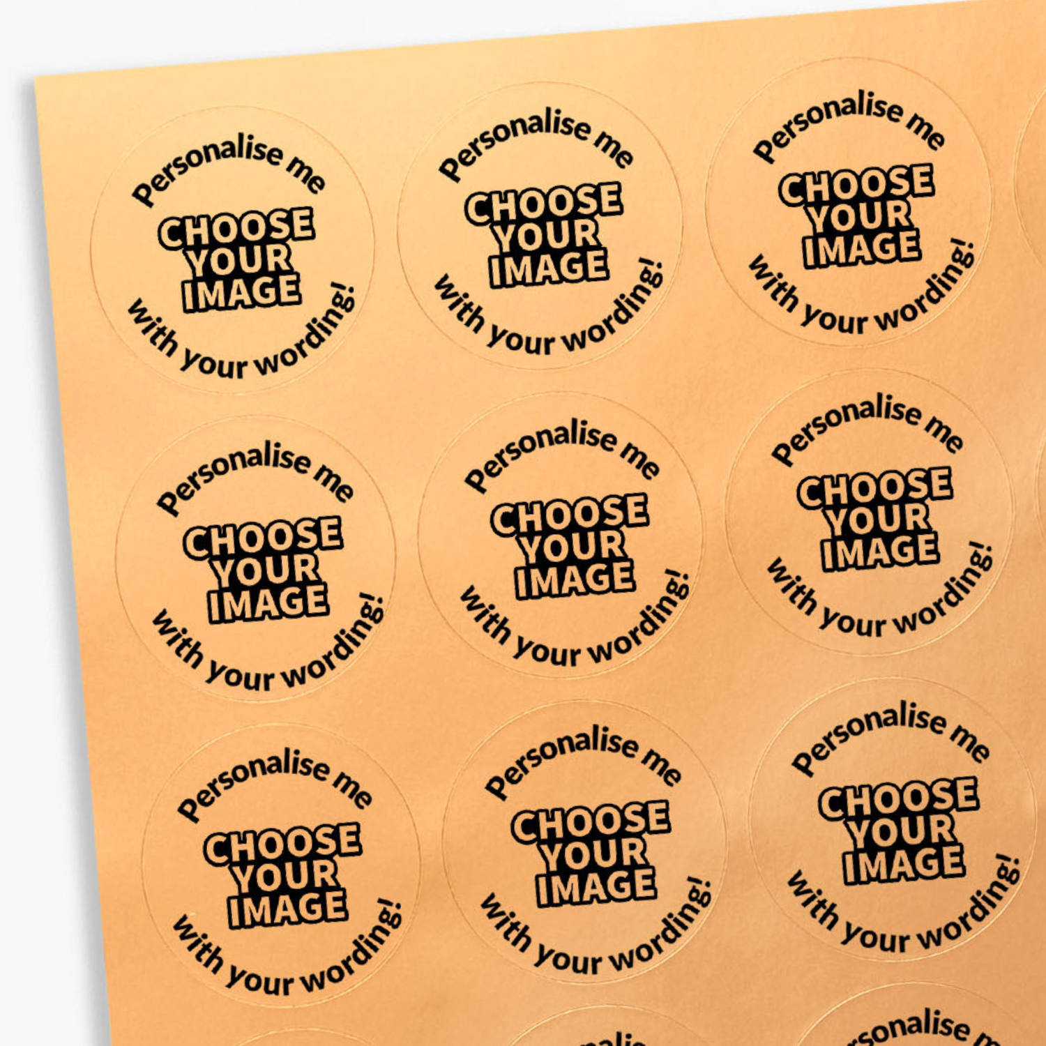 Sheet of round stickers with star design and text 'Personalise me with your wording!' on a bronze background.