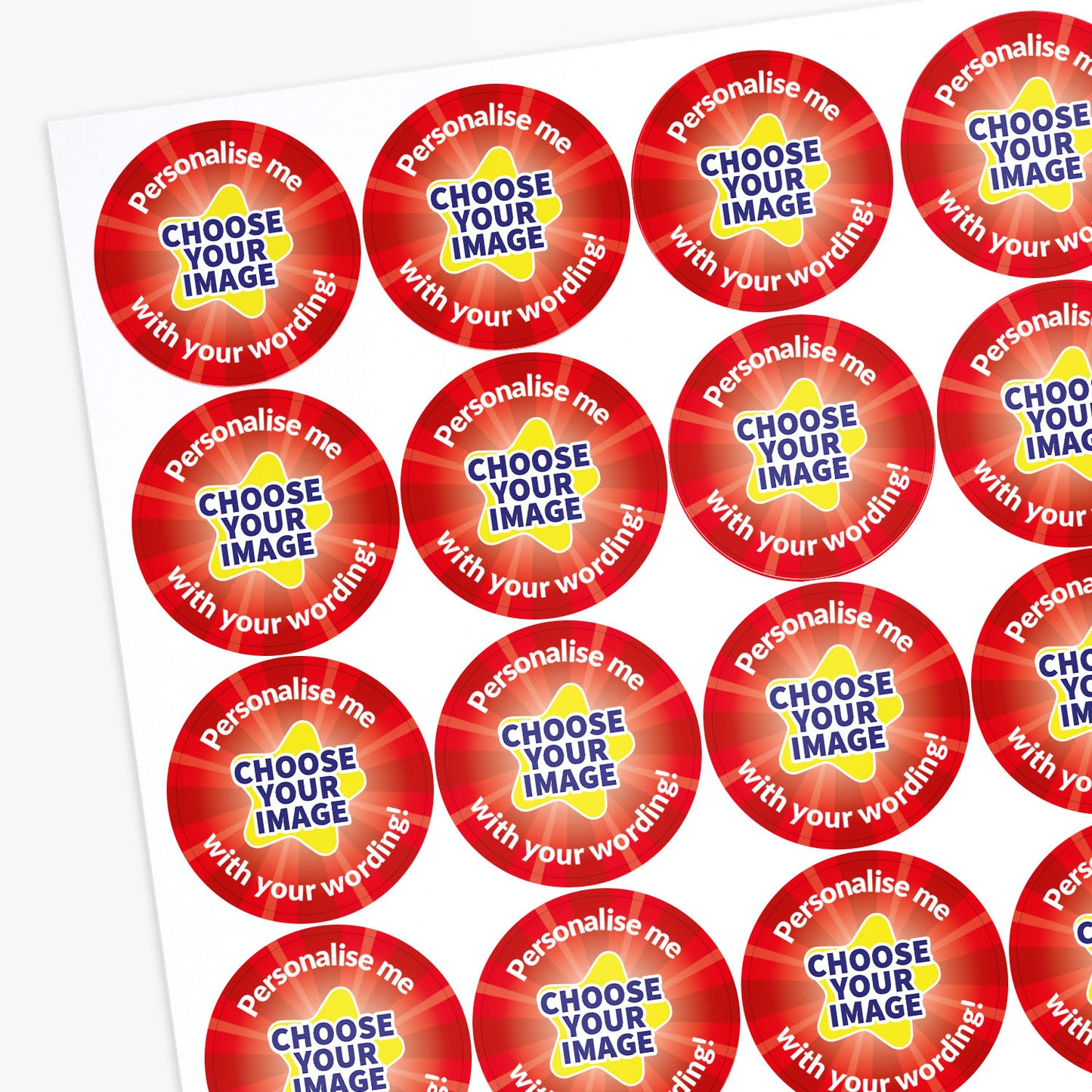 Sheet of customisable stickers with text 'Choose your image with your wording' on a white background.