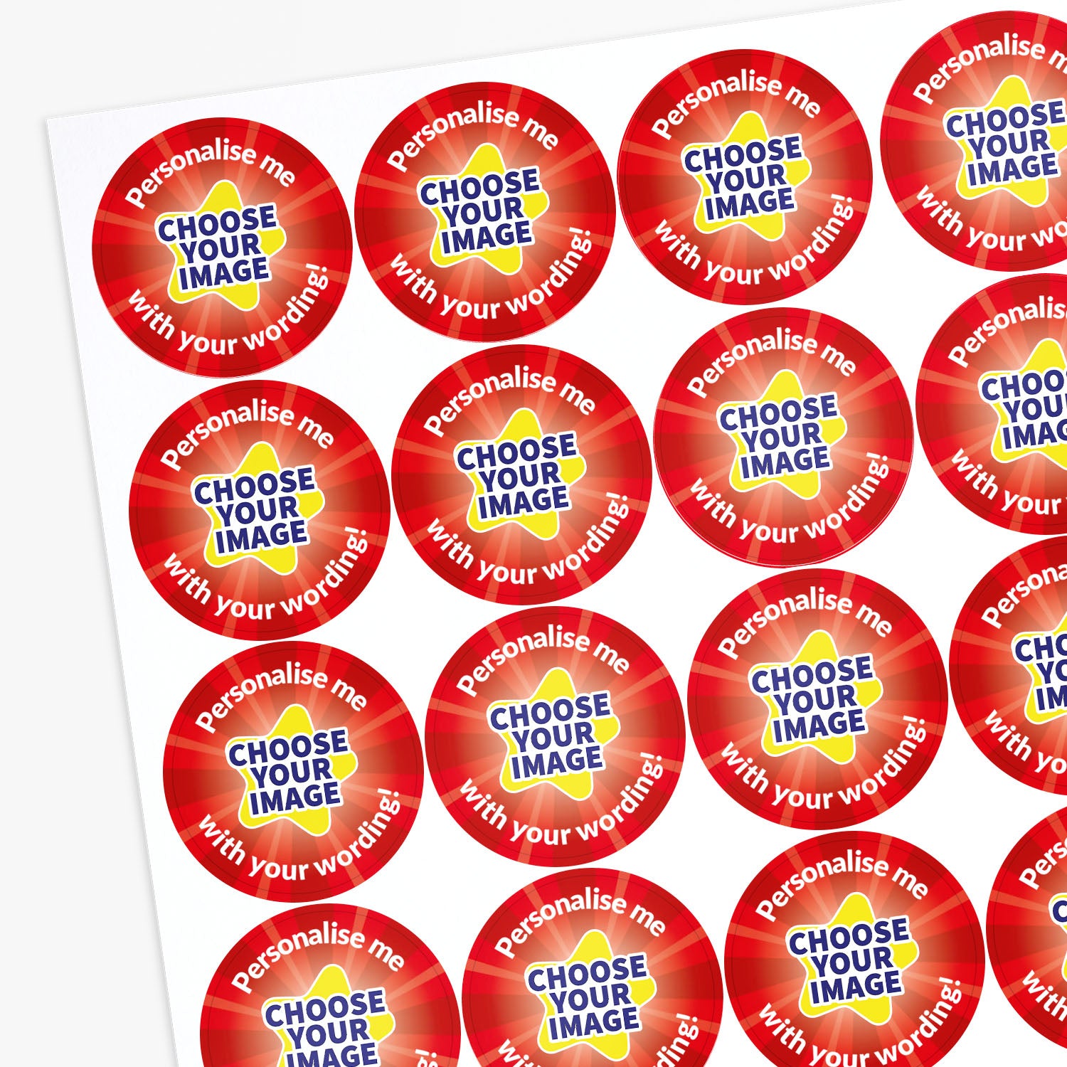 Sheet of customisable stickers with text 'Choose your image with your wording' on a white background.