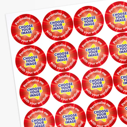 Sheet of customisable stickers with text 'Choose your image with your wording' on a white background.
