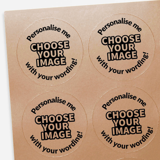 Round customizable stickers on a bronze background with text 'Personalise me, choose your image with your wording!'.