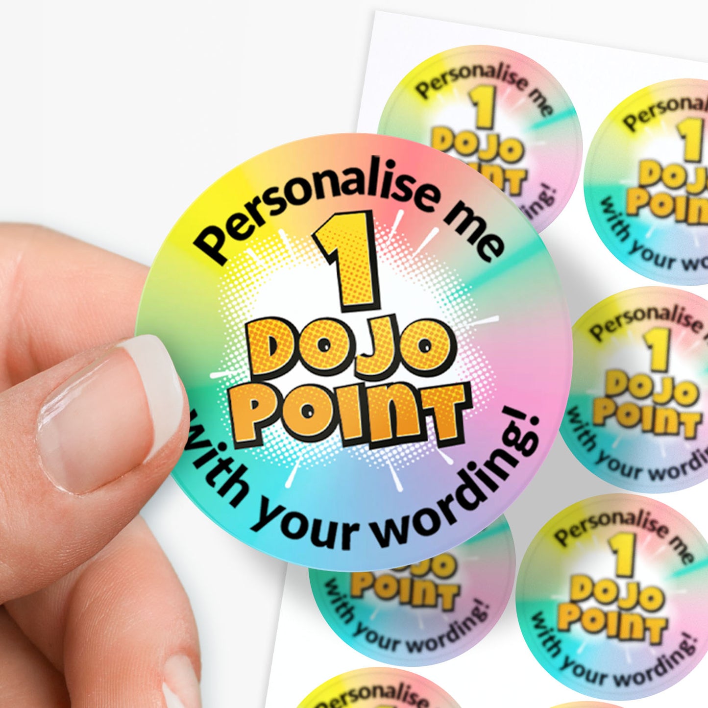 Round stickers with '1 Dojo Point' text, held by a hand against a white background.