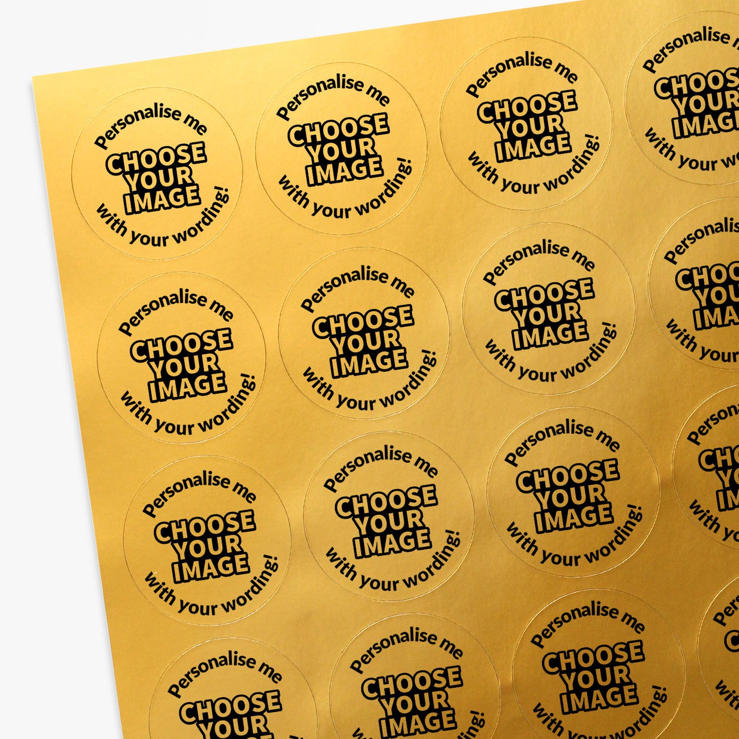 Sheet of round stickers with text on a gold background