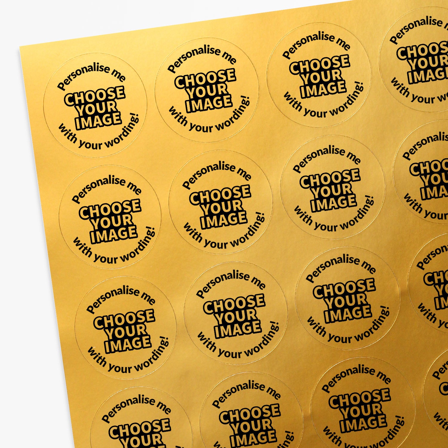 Sheet of round stickers with text on a gold background