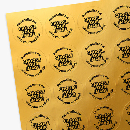 Sheet of round stickers with text on a gold background
