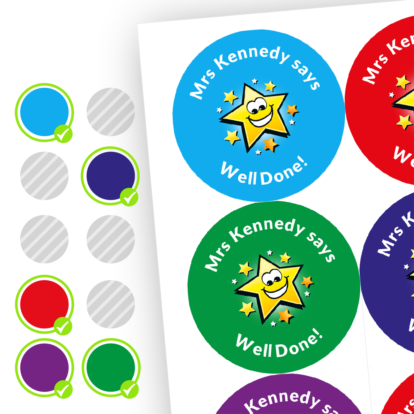 Colour options selected showing a sheet of circular colourful assorted stickers in red, navy, cyan, green and purple. The stickers include text reading 'Mrs Kennedy says Well Done!', and Star image.