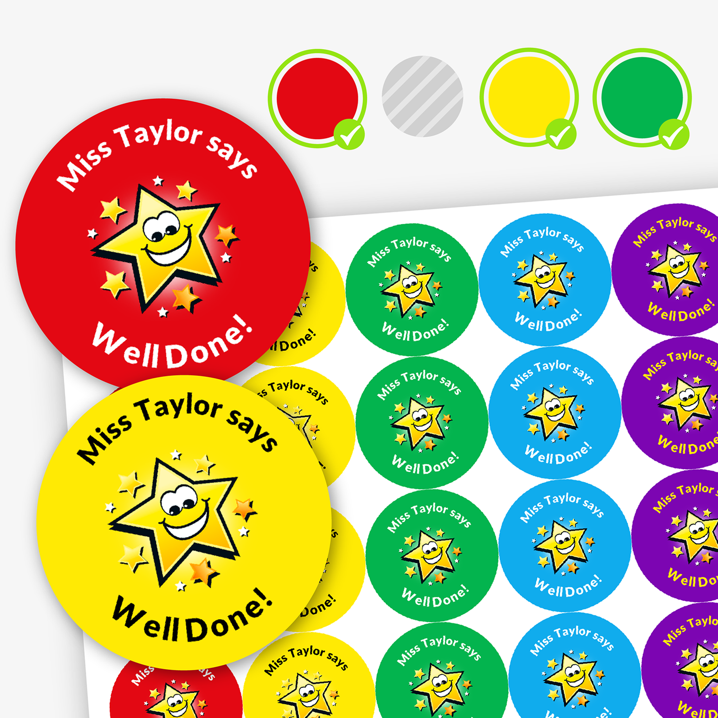 A sheet of circular colourful assorted stickers in red, yellow, cyan, green and purple. The stickers include text reading 'Miss Taylor says Well Done!', and Star image.