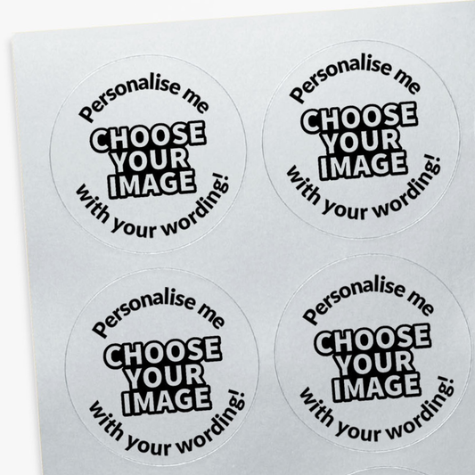 Round stickers with customizable text on a silver background