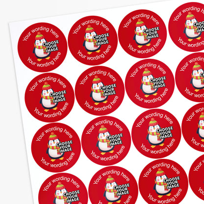 Sheet of round red stickers with penguin graphic and customizable text.