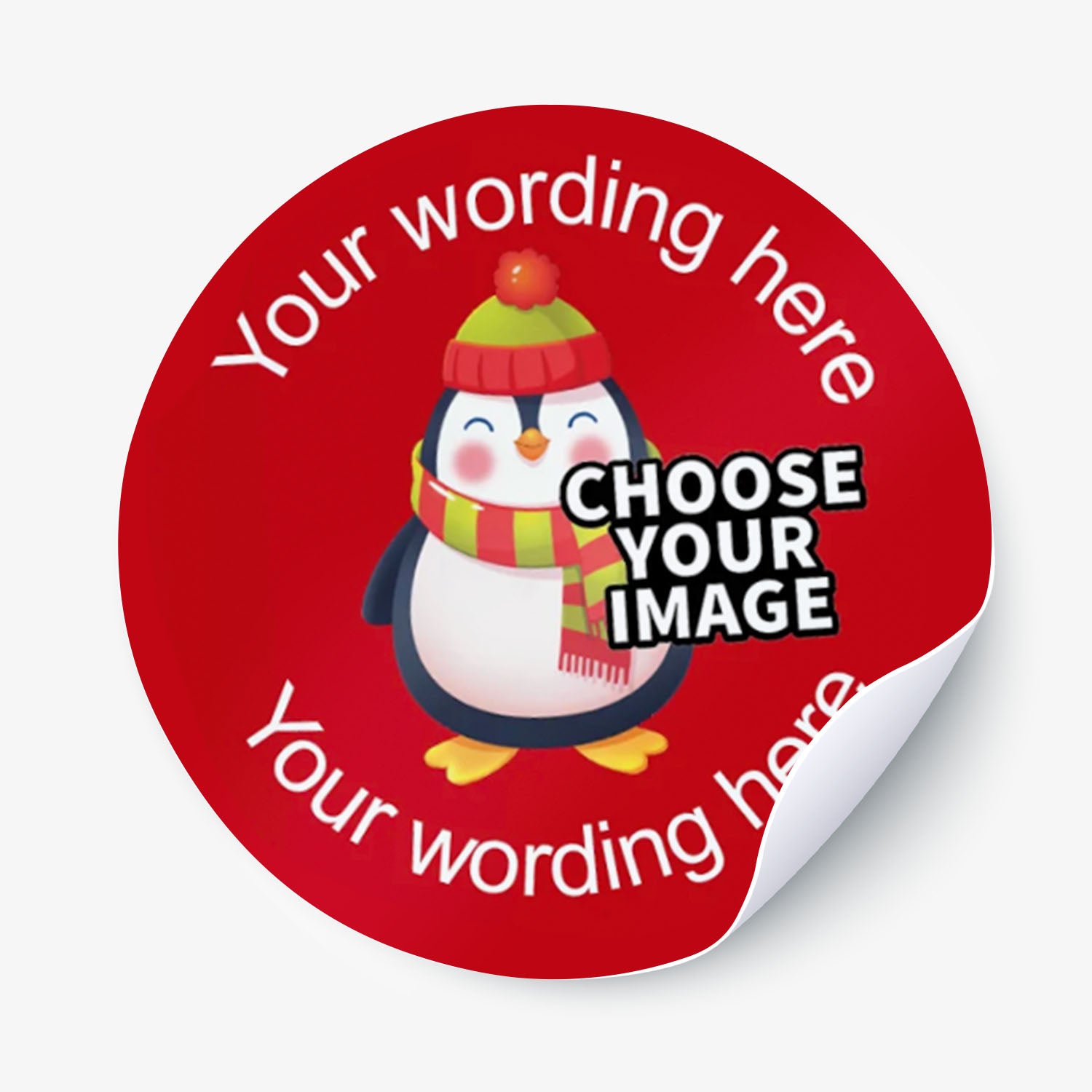 Round red sticker with penguin graphic and customizable text.