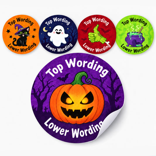 Five personalised Halloween sticker designs with a large pumpkin sticker shown peeling away from the backing.