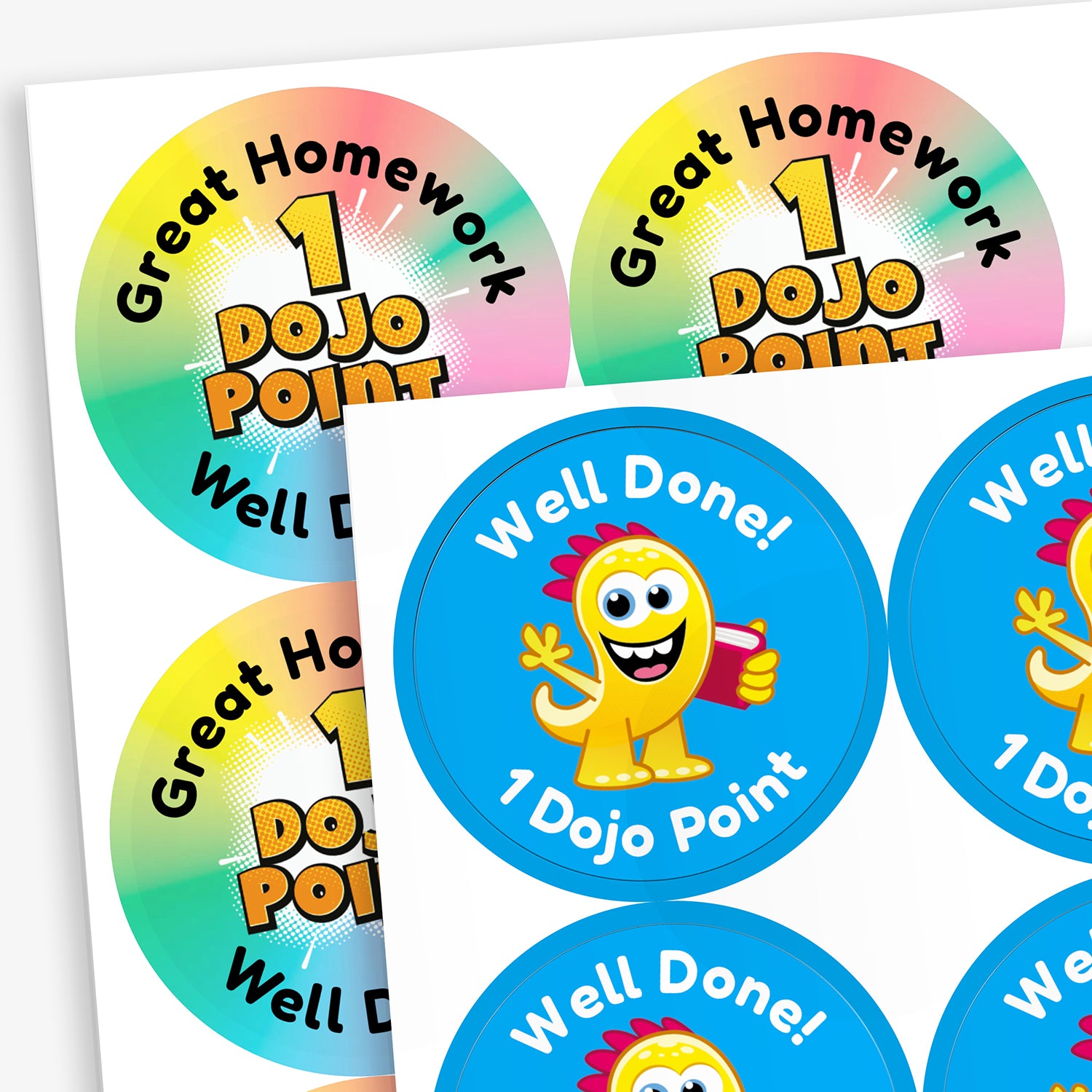 A sheet of circular colourful stickers. The stickers include text reading 'Great Homework', and '1 DOJO POINT', The alternative sticker in the image shows a customised sticker with a blue background, a yellow monster centrally and the surrounding wording of 'Well Done! 1 Dojo Point'