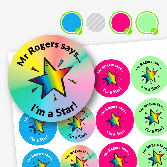 A sheet of circular colourful assorted stickers in cyan, spectrum, magenta and mint. The stickers include placeholder text reading 'Mr Rogers says... I'm a Star!', and Star image.