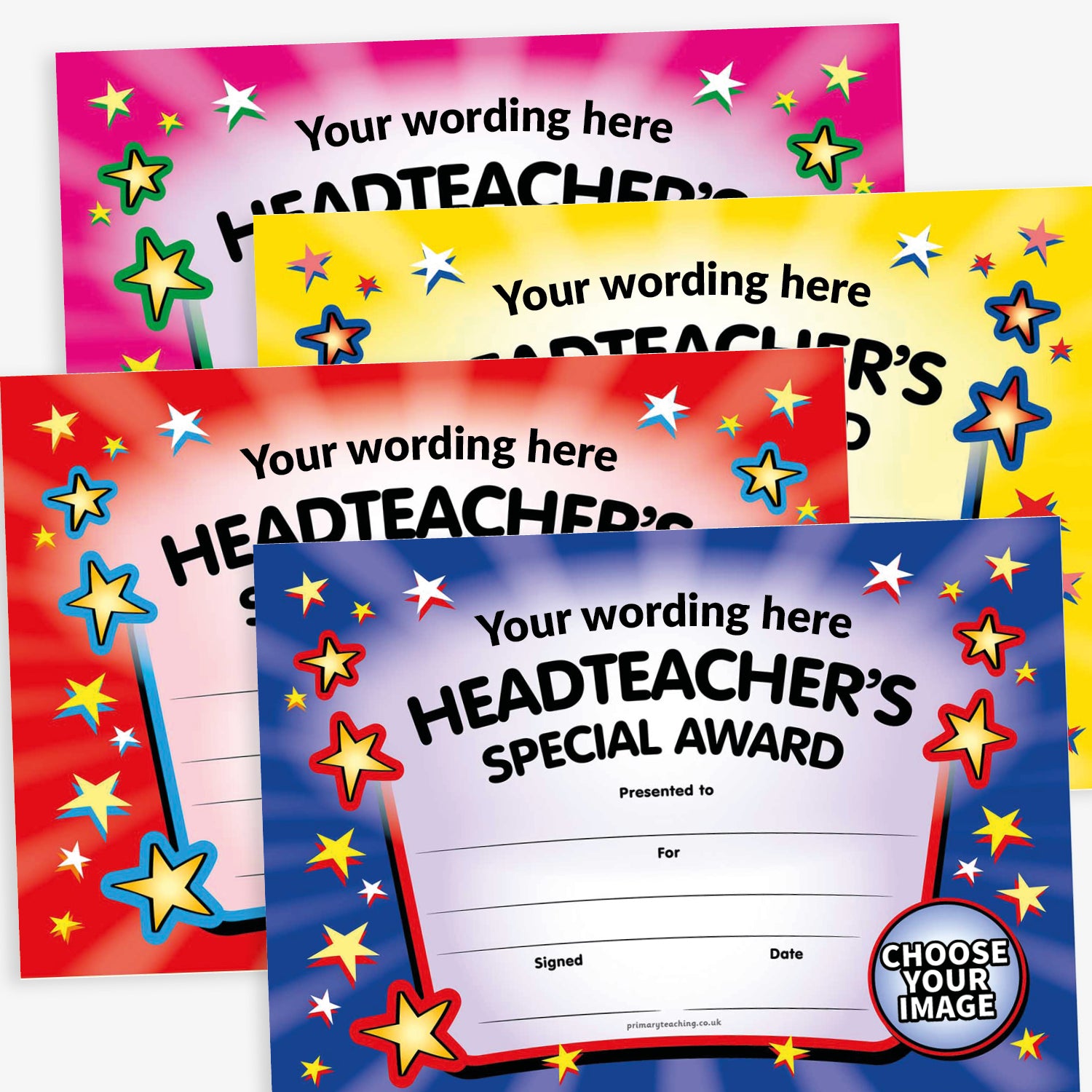 A5 certificate with a colourful star border and the title 'Headteacher’s Special Award' at the top. Multiple colours to choose selection from and space to upload an image in bottom right corner.
