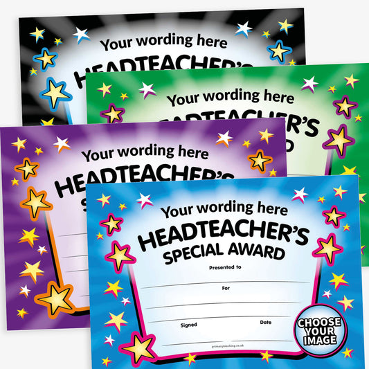 A5 certificate with a colourful star border and the title 'Headteacher’s Special Award' at the top. Multiple colours to choose selection from and space to upload an image in bottom right corner.

