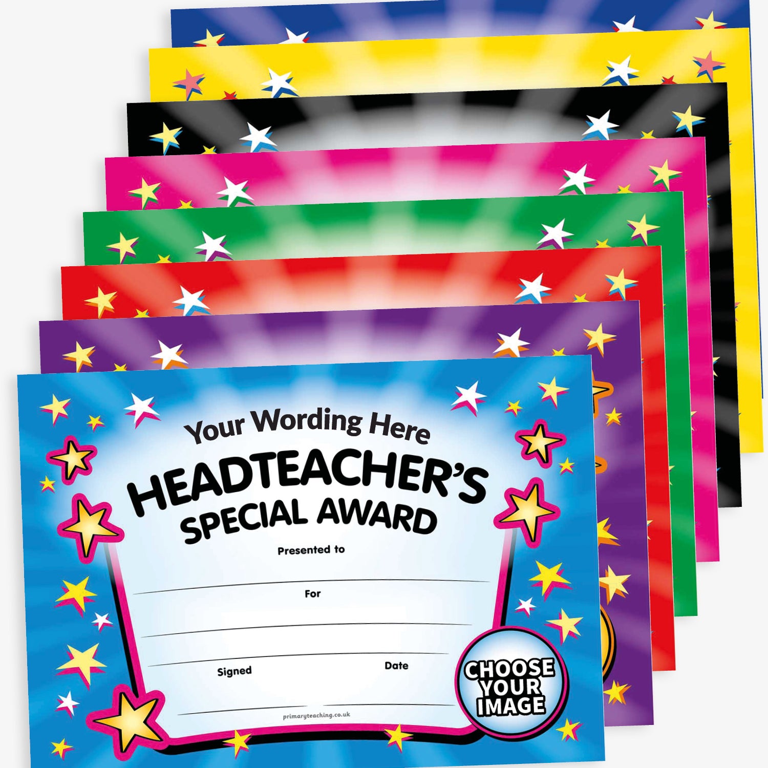 A5 certificate with a colourful star border and the title 'Headteacher’s Special Award' at the top. Multiple colours to choose selection from and space to upload an image in bottom right corner.
