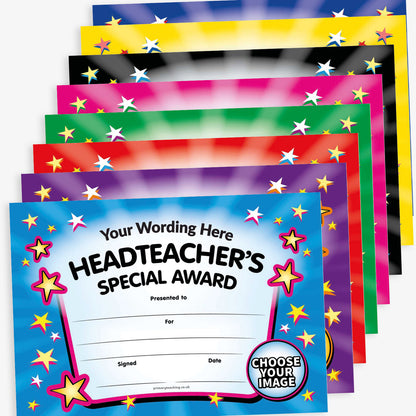 A5 certificate with a colourful star border and the title 'Headteacher’s Special Award' at the top. Multiple colours to choose selection from and space to upload an image in bottom right corner.
