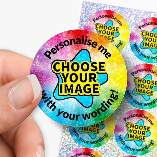 Colorful round stickers with text 'Personalise me, Choose your image with your wording!' held by a hand.