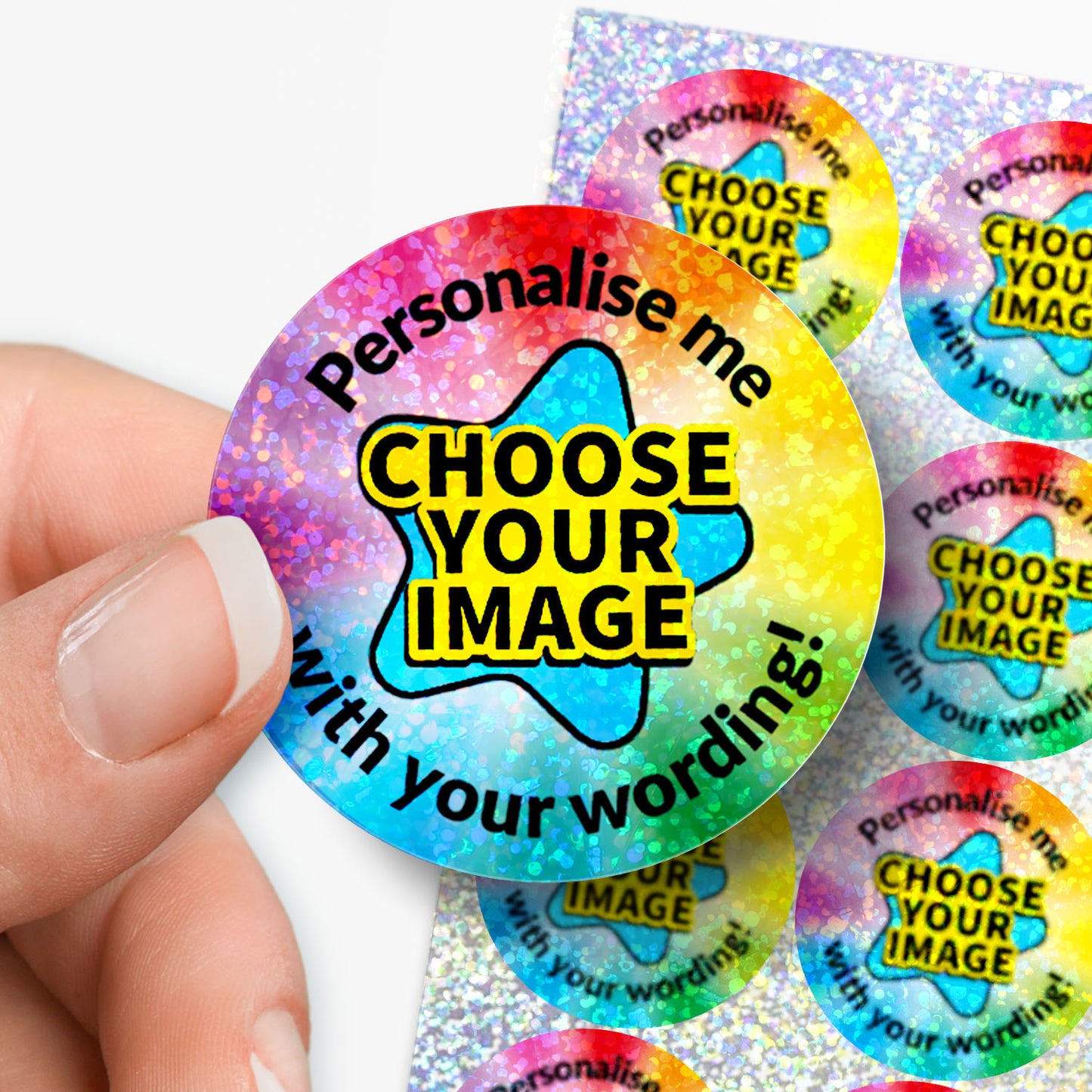 Colorful round stickers with text 'Personalise me, Choose your image with your wording!' held by a hand.
