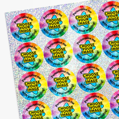 Colorful stickers with 'Choose your image' text on a glittery background