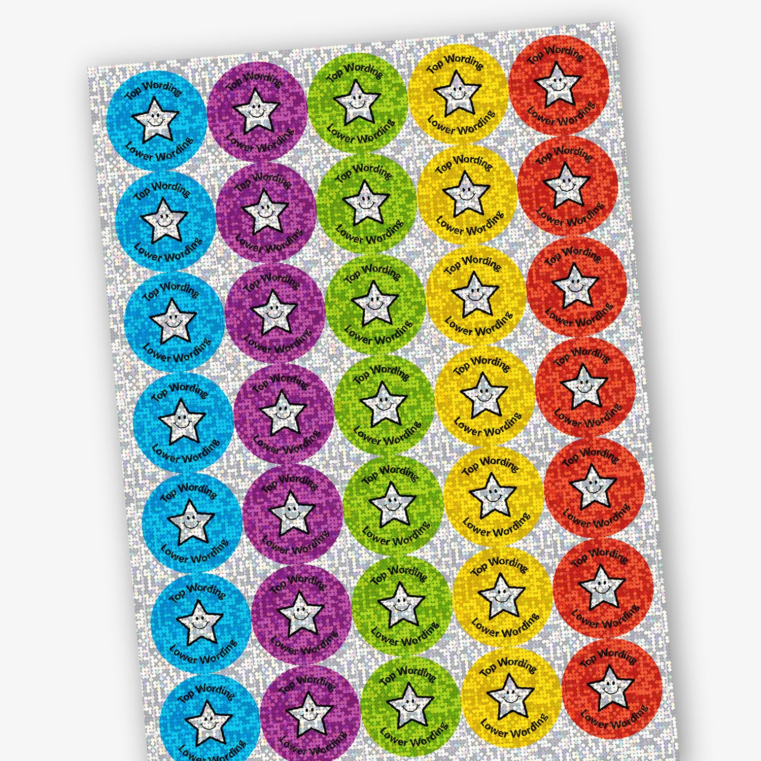 A sheet of circular colourful assorted holographic stickers in red, yellow, cyan, green and purple. The stickers include placeholder text reading 'Top Wording Lower Wording', and Star image.