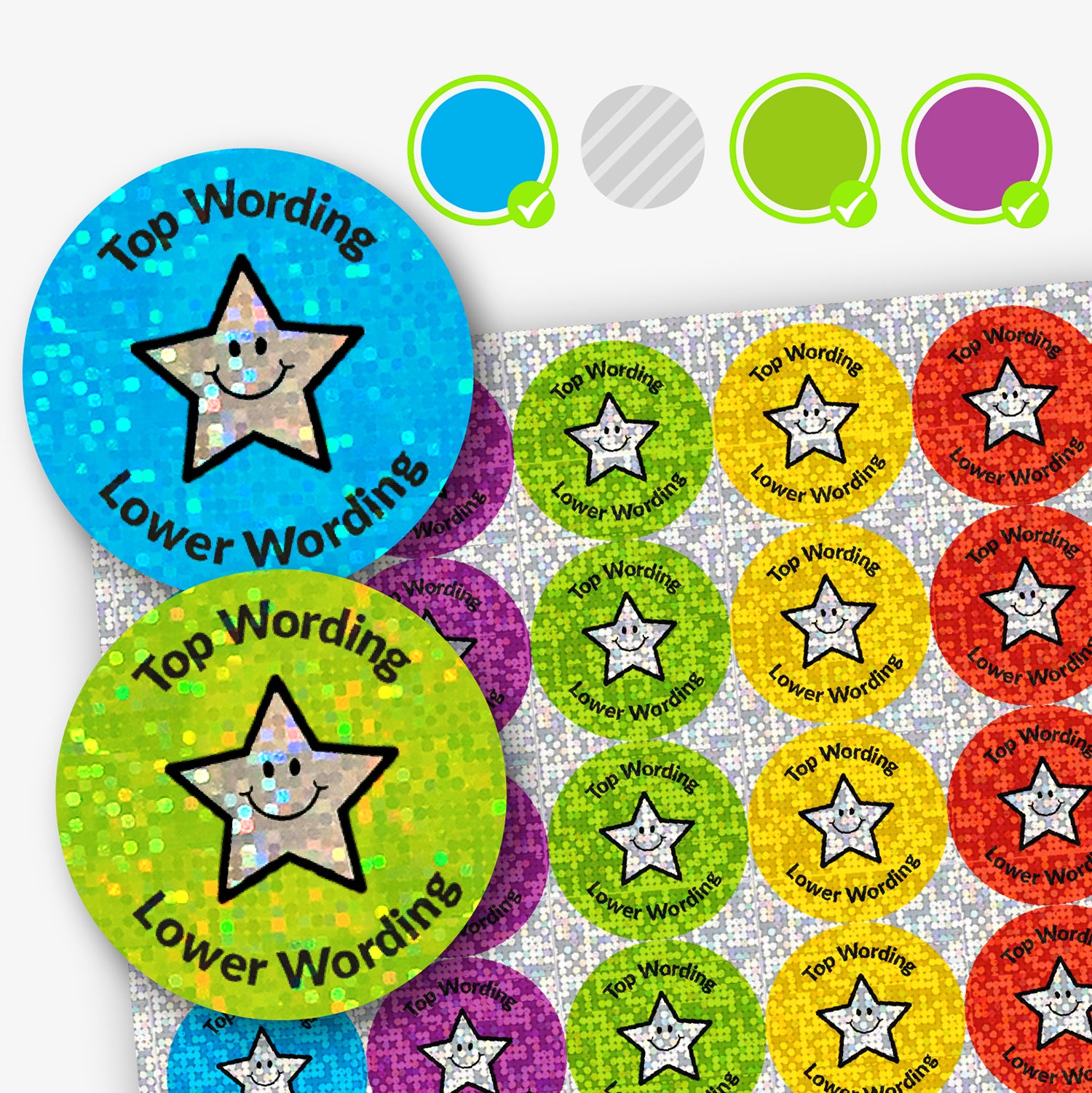 A sheet of circular colourful assorted holographic stickers in red, yellow, cyan, green and purple. The stickers include placeholder text reading 'Top Wording Lower Wording', and Star image.