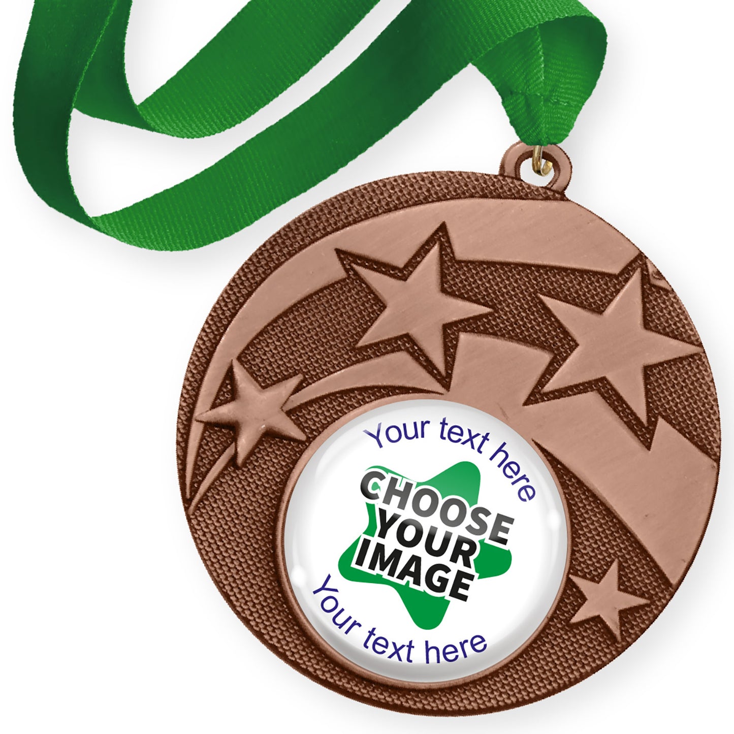 Bronze medal with star design and green ribbon, with customisable text and image area