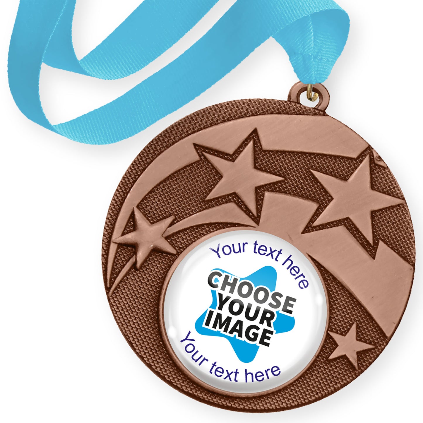Bronze medal with star design and cyan ribbon with customisable text and image area, on a white background.