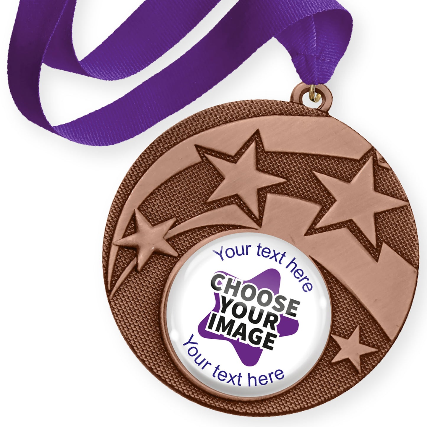 Bronze medal with star design and purple ribbon, with customisable text and image area
