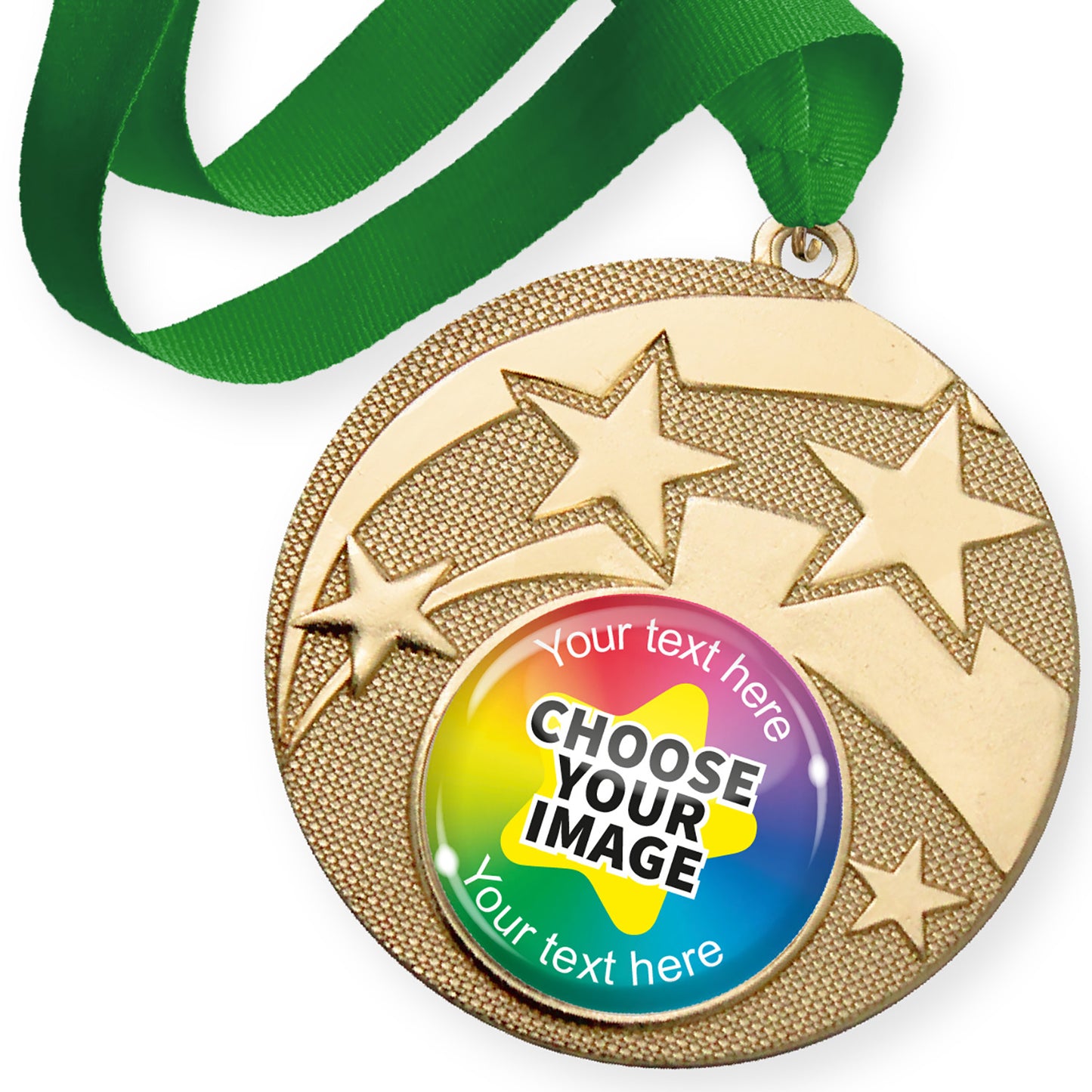 Gold medal with star design and green ribbon, with customisable text and image area