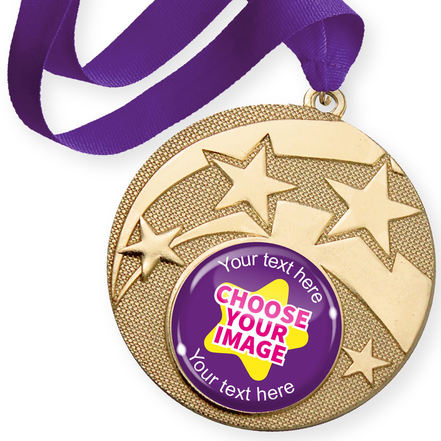 Gold medal with purple ribbon and customisable text and image area on a white background