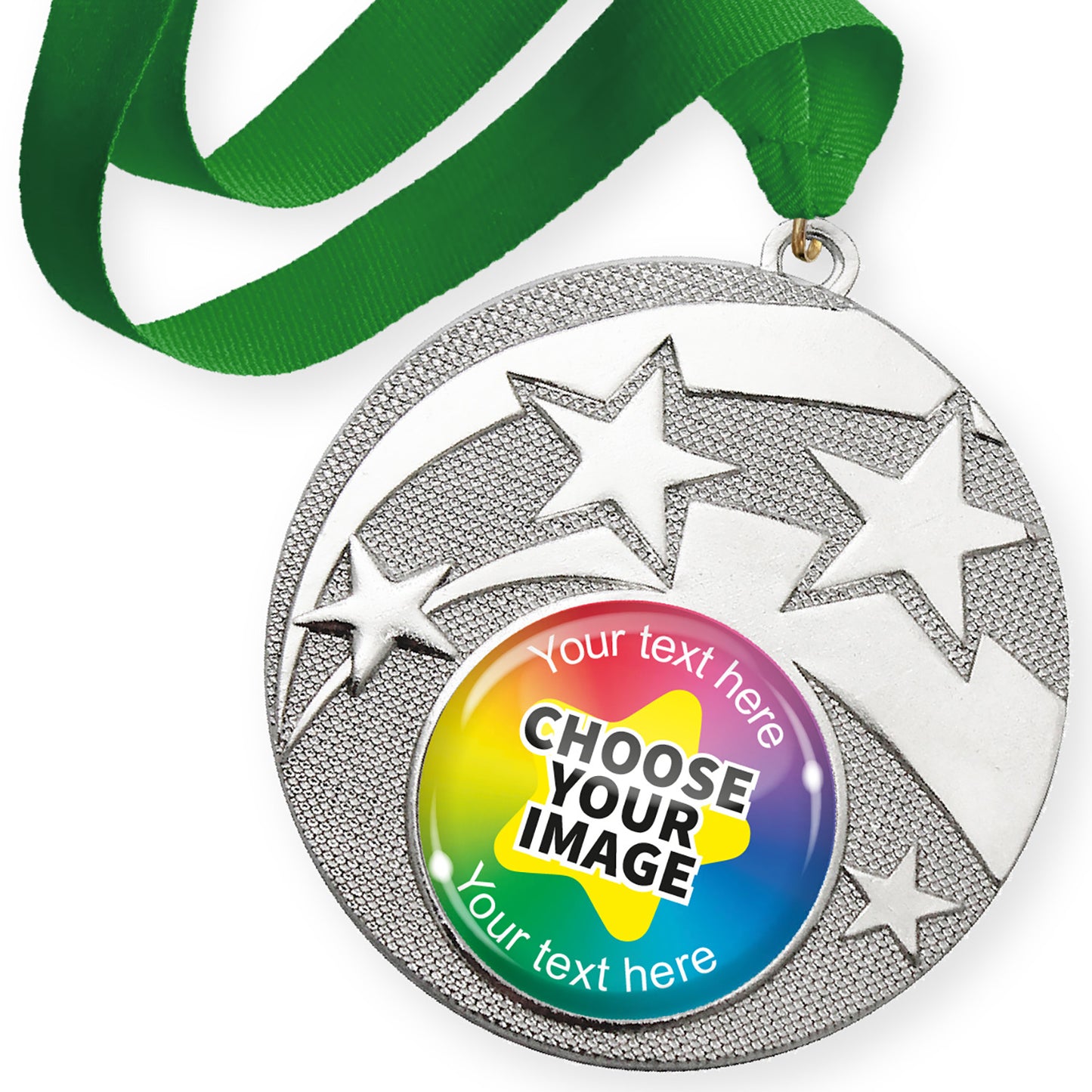Silver medal with star design and green ribbon, with customisable text and image area