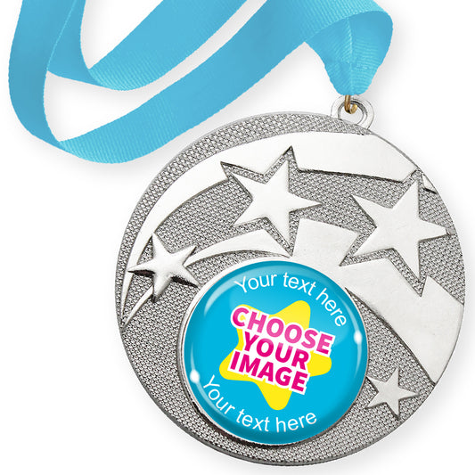 Silver medal with star design and cyan ribbon with customisable text and image area, on a white background.