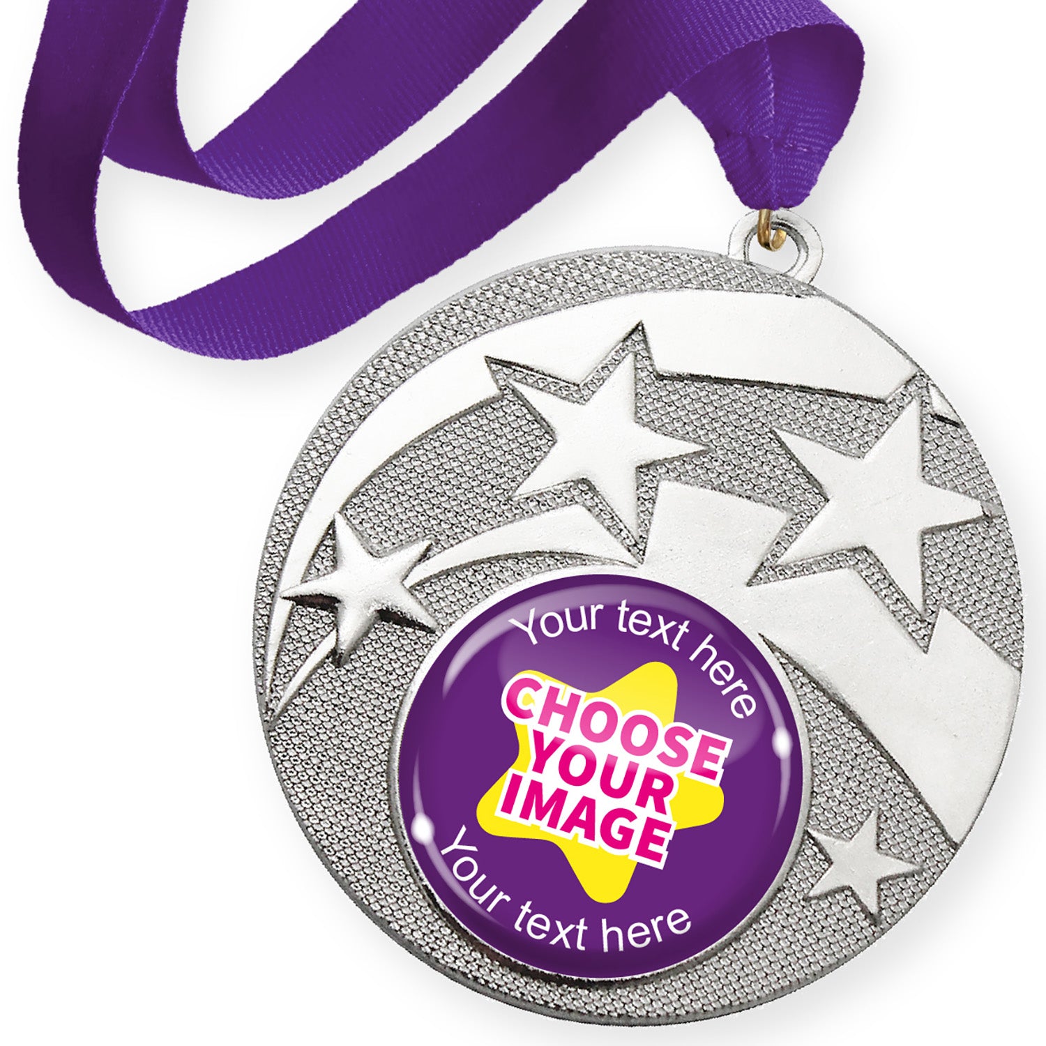 Silver medal with star design and purple ribbon, with customisable text and image area