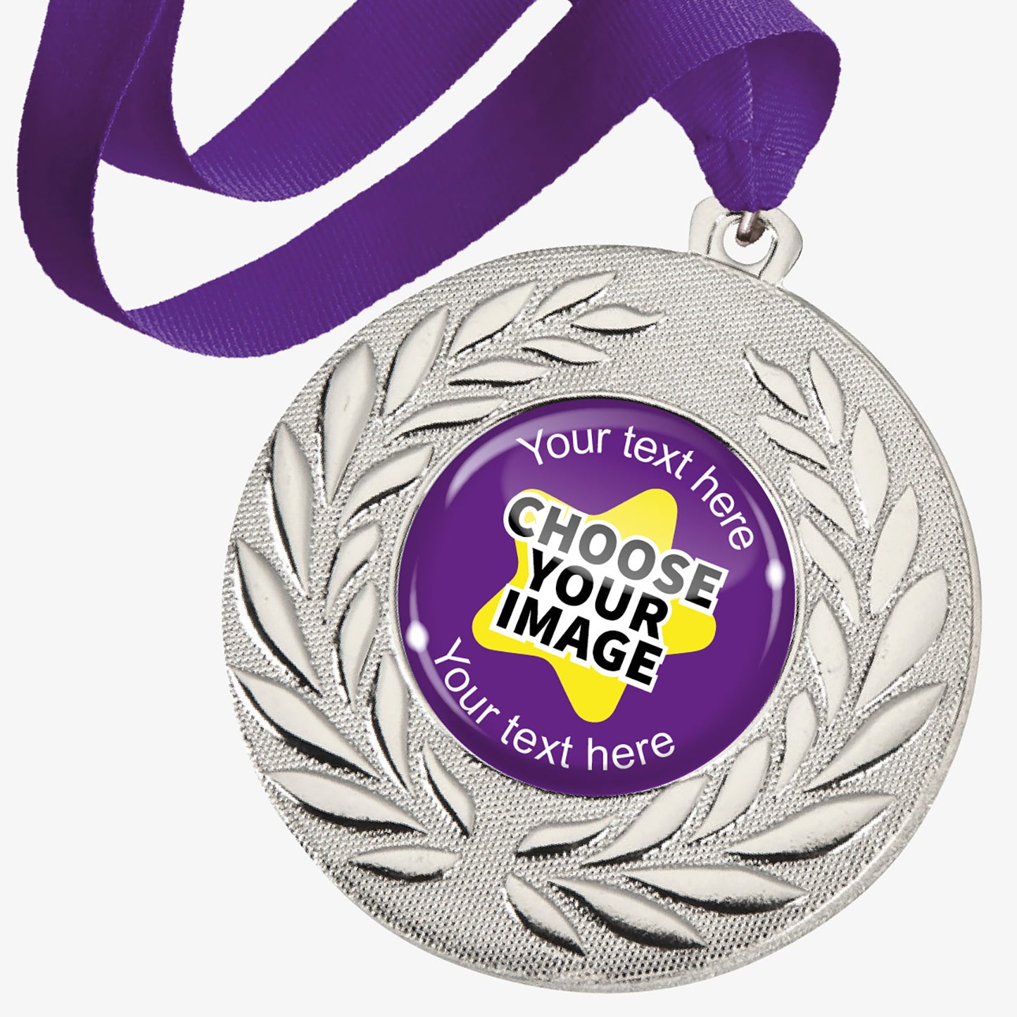 Silver medal with wreath design and purple ribbon, with customisable text and image area