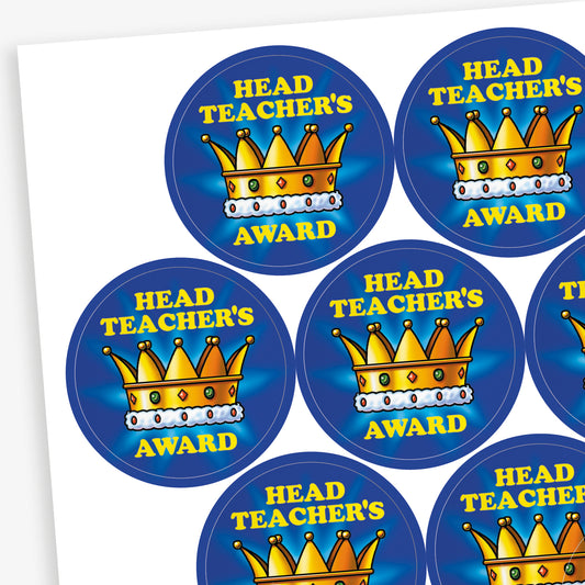 A sheet of 37mm round 'Head Teacher's Award' stickers featuring a golden crown with 5 jewels centrally, set against a dark blue background. The text 'Head Teacher's Award' is displayed in bold yellow letters.
