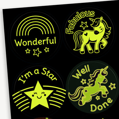 35 Glow In The Dark Unicorn and Rainbow Stickers - 37mm